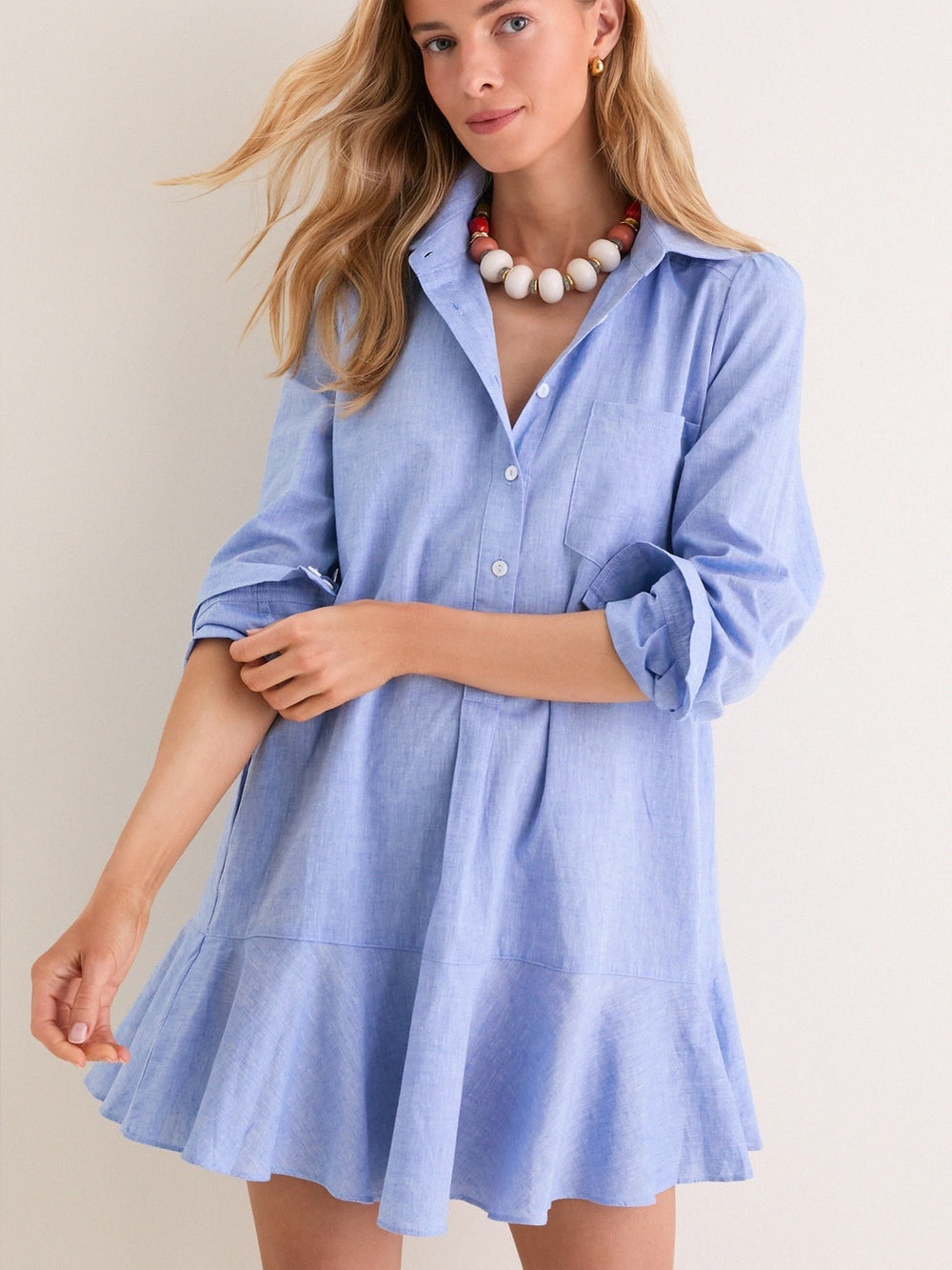 Tuckernuck Light Blue Long-Sleeve Ruffle Hem Dress